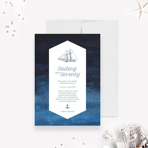 Vela nel modello modificabile dell'invito alla festa di compleanno di settanta, 40esimo 50esimo 60esimo 70esimo 80esimo Download digitale Barca a vela nautica Mare Oceano