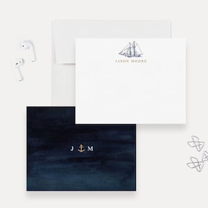 Carte de correspondance de bateau à voile voilier mer papeterie pour homme, carte à monogramme personnalisée papeterie nautique bleu océan, cartes de remerciement monogramme