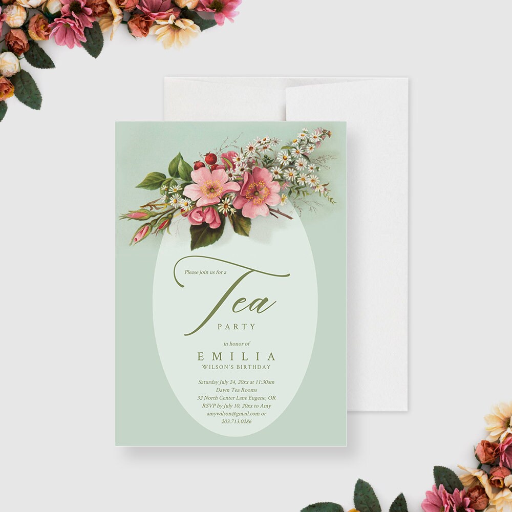 Tea Party Invitation Digital Download, Floral Tea Party Birthday Invites for Women Instant Download Print, Vintage Flowers