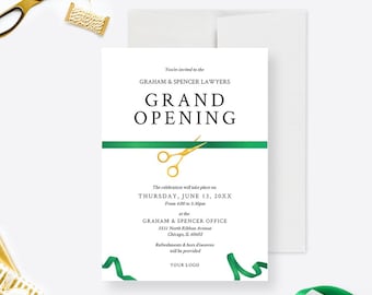 Grand Opening Green Ribbon Editable Template, Launch Party Printable Digital Download, New Business Office Ribbon Cutting Ceremony
