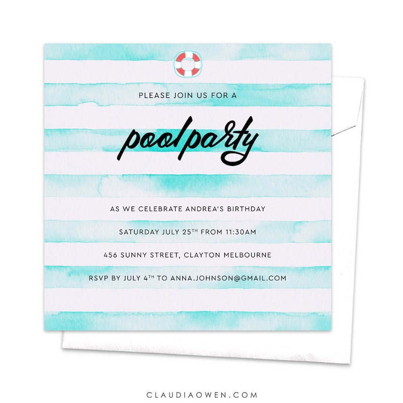 Pool Party Invitation Children/'s Party Floatie Summer Party Watercolor Stripes Design Swimming Pool Kid/'s Party Invites