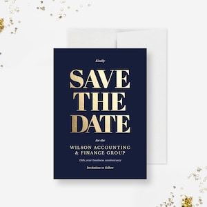 Elegante Save the Date Karte in Gold und Blau Vorlage, Geschäft Save the Date lädt ein, formelle Firmenkarten, professionelle Veranstaltung