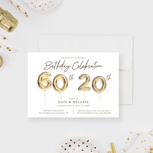 60th and 20 Birthday Party Digital Download, Double Birthday Celebration Template, Sixtieth and Twentieth  Birthday Balloon Invites