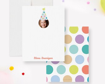 Personalized Birthday Photo Note Cards, Birthday Girl or Boy Appreciation Flat Note Card, Custom Birthday Photo Thank You Cards, Party Hat