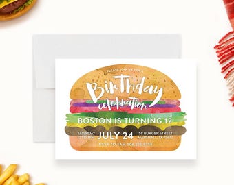 Burger Birthday Invitation Printed Kids Birthday Invite Hamburger Party Invitation Food Theme Birthday Printed Card