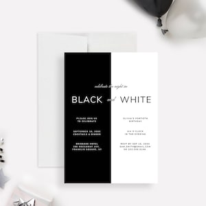 Plantilla editable de invitación a fiesta en blanco y negro, celebración temática en blanco y negro invita a descarga digital
