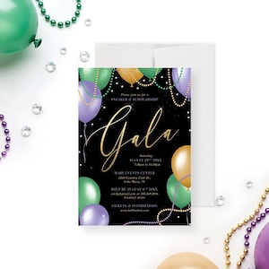 May include: A black invitation card with gold script text reading Gala, featuring purple, green, and gold balloons and beaded necklaces. The text includes event details for a Sneaker and Scholarship Gala on August 29th at Mary Events Center.