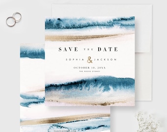 Destination Wedding Save the Date Card, Watercolor Wash Waves and Sand Beach Wedding, Cruise Wedding Blue Ocean, Sea Wedding