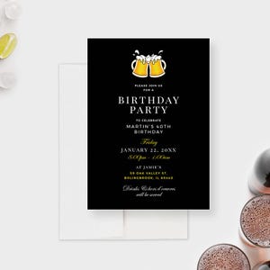 Plantilla de invitación para fiesta de cumpleaños de cerveza, descarga digital de saludos y cervezas para los años 21, 30, 40 y 50, invitación para fiesta masculina.