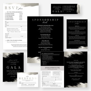 May include: Black and silver invitation with a brushstroke design. The invitation is for a gala event hosted by Pacific Coast University Law School. The invitation includes the date, time, and location of the event. The invitation also includes information about sponsorship levels and benefits.