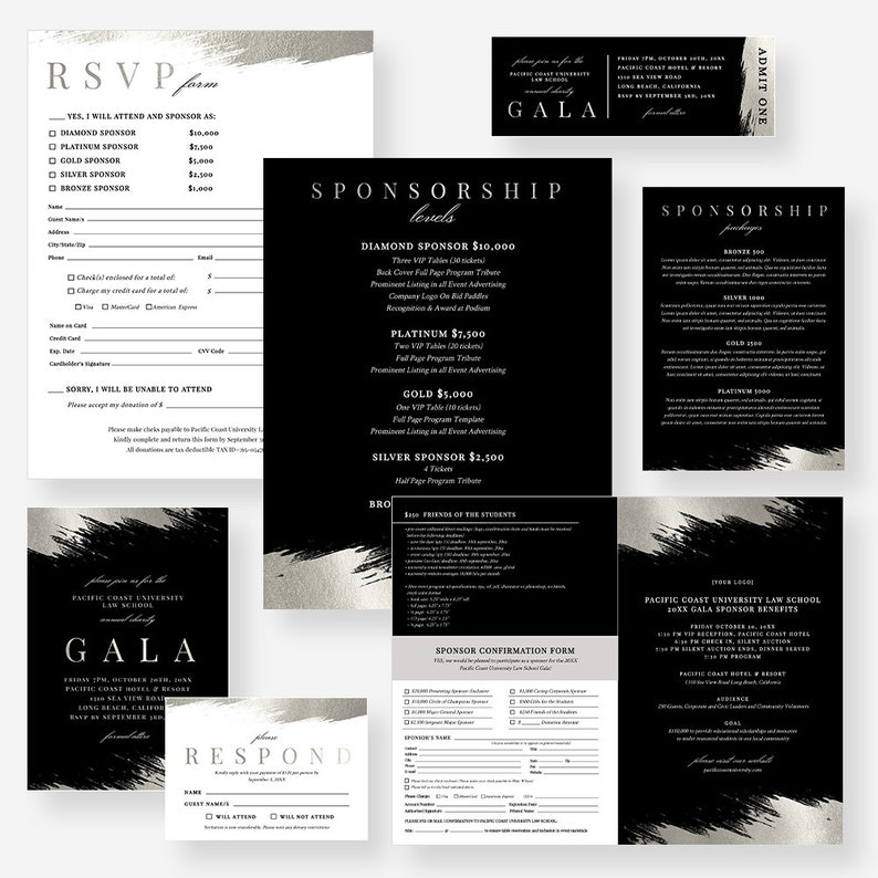 May include: Black and silver invitation with a brushstroke design. The invitation is for a gala event hosted by Pacific Coast University Law School. The invitation includes the date, time, and location of the event. The invitation also includes information about sponsorship levels and benefits.