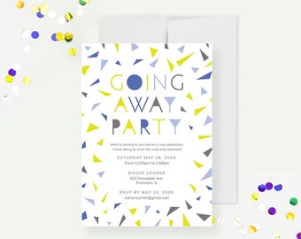 May include: A white invitation with a colorful confetti pattern. The text reads "Going Away Party" in blue, yellow, and gray letters. The invitation includes details for a going away party for Mark on Saturday, May 26th, 20XX from 12:00pm to 2:00pm at the Mauve Lounge, 822 Annadale Ave, Evanston, IL. RSVP by May 10th, 20XX to adrianasmith@gmail.com.
