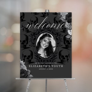 Welcome Sign Photo Template Black Silver Flowers, RIP Twenties Printable Sign, Death To My Twenties Digital Download, RIP 20s 30s Any Age