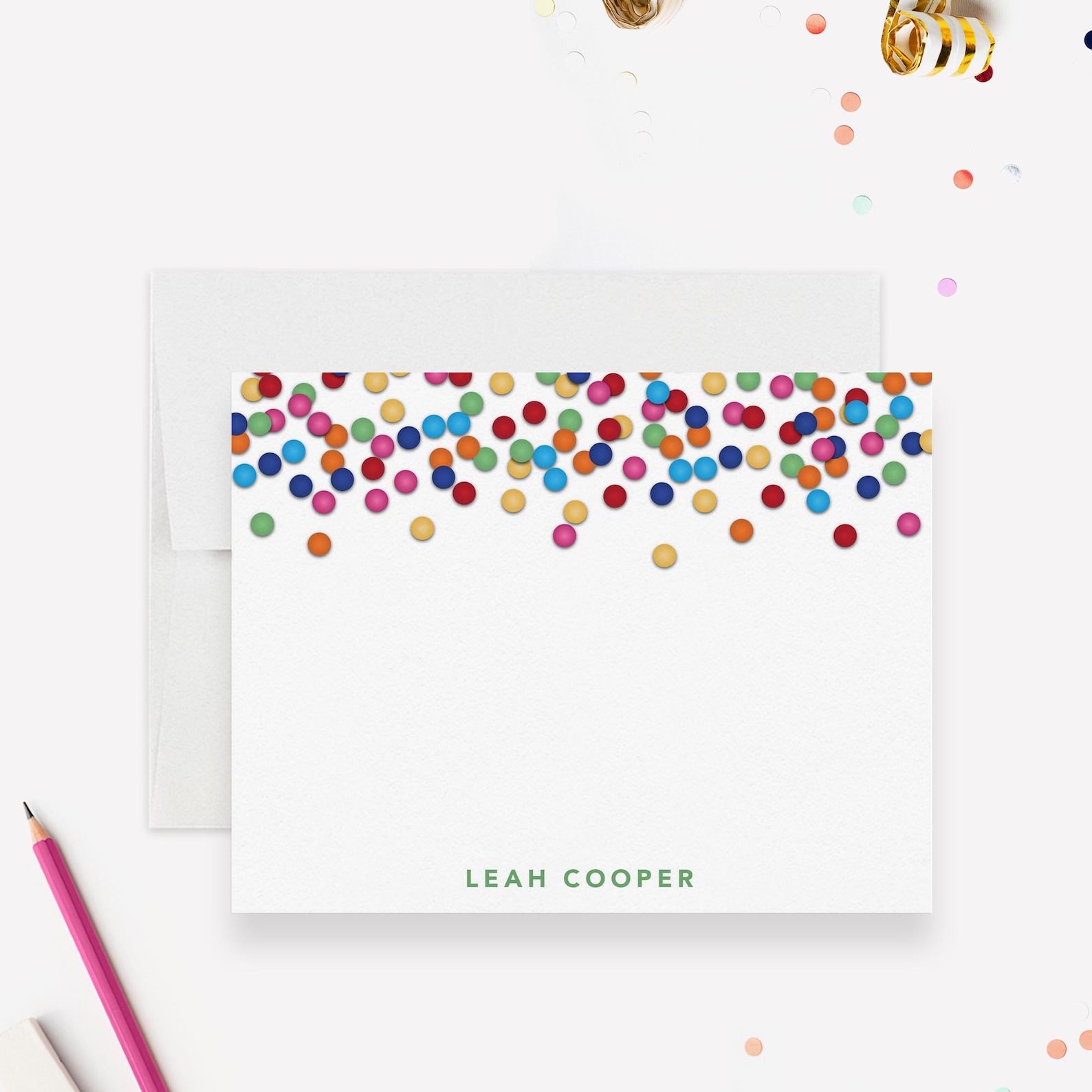 Custom Name Note Cards Personalized Stationery Set Fun Confetti Design ...