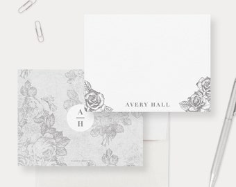 Vintage Flowers Personalized Note Card, Elegant Monogram Initials Letter Floral Stationery, Feminine Rose Illustration Office Note Card