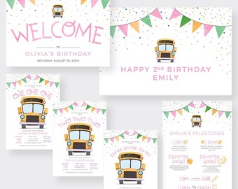 Modèle de jeu assorti Invitation fête d'anniversaire de bus rose, téléchargement numérique de fête d'autobus scolaire de filles, roues sur l'affiche d'étape importante de bus