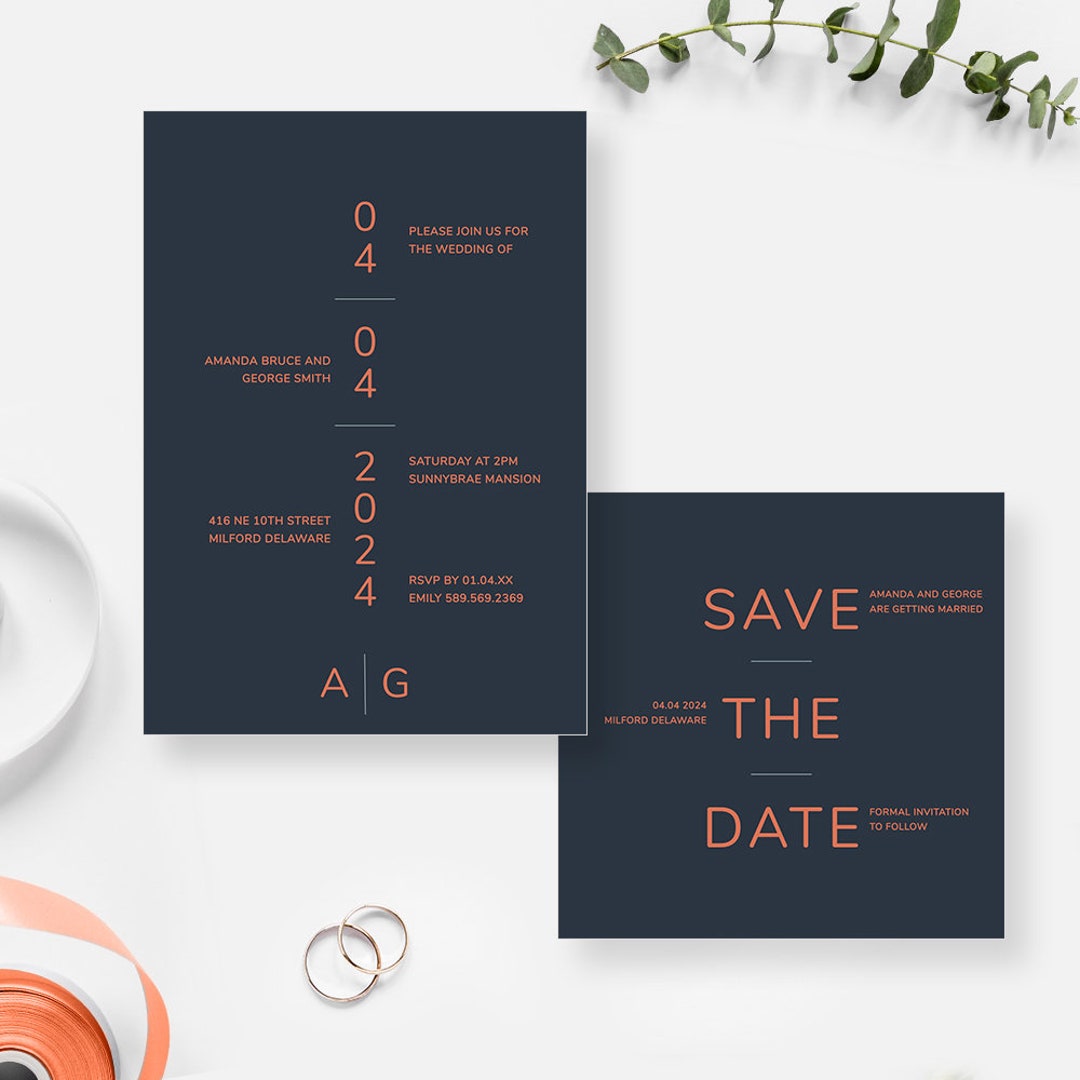 Navy Blue Wedding Invitation Template Bundle, Modern Save the Date ...
