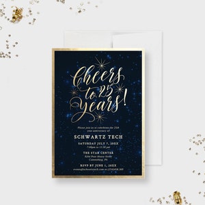 Convite de festa de 25 anos com impressão digital Starry Night Sky, convites de 25º aniversário de negócios, 25º aniversário de casamento