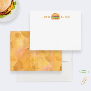 Ensemble de papeterie personnalisé avec burgers, anniversaire burger, remerciements, burgers personnalisés, papeterie gourmande, cadeaux drôles pour papa