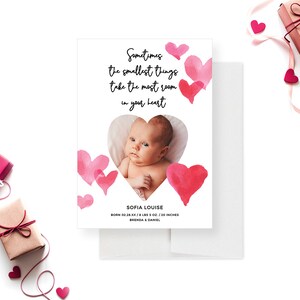 Sjabloon geboortekaartje baby, pasgeboren kaarten met foto, afdrukbaar digitaal bestand babyaankondiging, pasgeboren welkomstkaart met liefdesharten