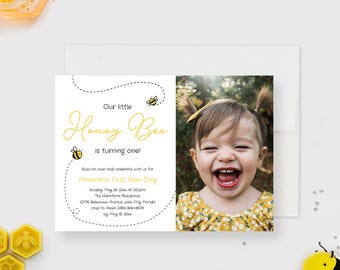Honey Bee First Birthday Invitation Template Bee Day Party Invite Girl Photo Editable Digital Download