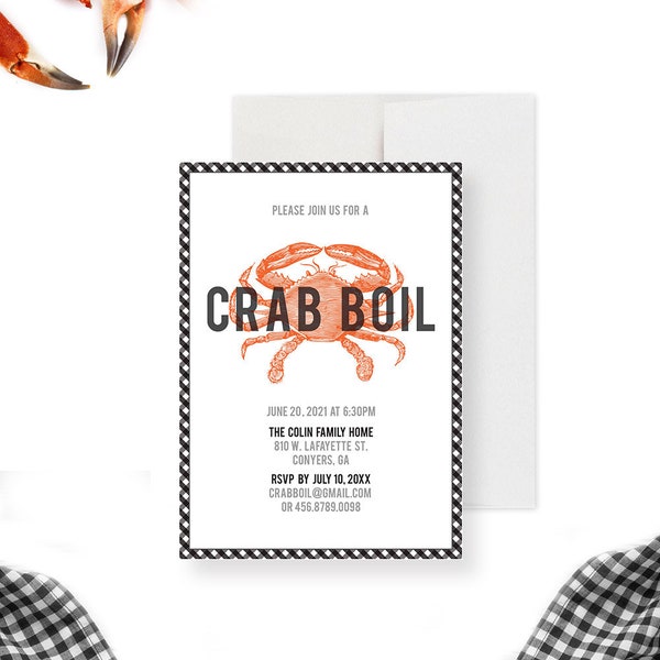 Crab Boil Dinner Party Invitation, Seafood Boil Feast Invites, Crab Theme Birthday Invite, Crab Bake with Gingham Pattern