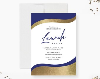 May include: A white invitation card with a navy blue and gold design. The card reads "Launch PARTY" and includes event details such as the date, time, and location. An envelope is visible to the left.