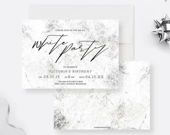 May include: A rectangular invitation card with a white and gray marble pattern. The text reads: PLEASE JOIN US FOR AN ALL White party TO CELEBRATE VICTORIA'S BIRTHDAY ON 05.17.19 AT 8 PM RSVP 04.10.XX ITALIAN KITCHEN & BAR 5895 GREY AVENUE BRISBANE.