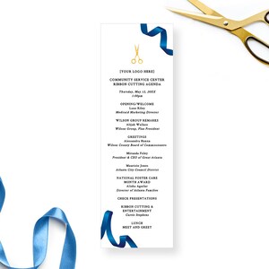 May include: A blue and gold ribbon cutting ceremony agenda for a community service centre. The agenda includes a welcome, remarks, greetings, and a national foster care month award. The event will take place on Thursday, May 12, 20XX at 1:00pm.