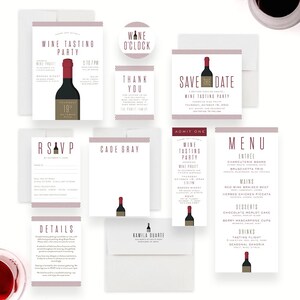 Wine tasting party invitation set featuring a modern wine bottle illustration and elegant typography on a white background including save the date, menu, details card, favor tag, ticket, envelope address label, RSVP card, thank you card, and place cards
