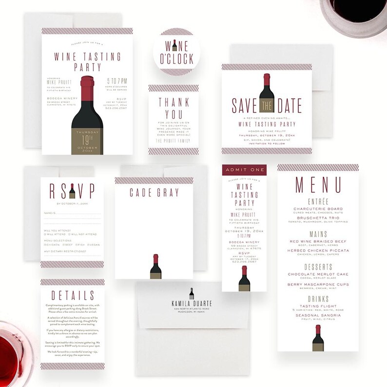 Wine tasting party invitation set featuring a modern wine bottle illustration and elegant typography on a white background including save the date, menu, details card, favor tag, ticket, envelope address label, RSVP card, thank you card, and place cards