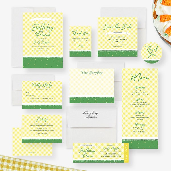 Invitation Card for Birthday Picnic Party with Yellow Plaid Blanket and Green Grass, Spring Birthday Party Invites, Picnic in the Park