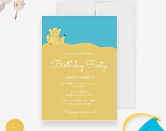 May include: A yellow and blue birthday party invitation with a sandcastle illustration. The invitation reads "Please join us for a beach themed Birthday Party. Anna is turning 6. Saturday July 20, 20XX at 10:00am. Our Home 355 Gates Street Teaneck, NJ. RSVP by June 28, 20XX to Sandra on 555-504-43708. Hope you can join us!"