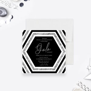 May include: Black and white geometric invitation for a gala night hosted by Sully Accountants. The invitation includes the date, time, location, and RSVP information.