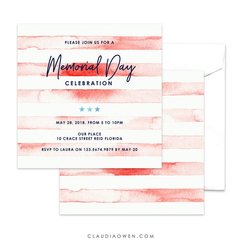 Memorial Day Party Invitation US Flag Memorial Weekend BBQ Barbecue Red Stripes Watercolor Lines Memorial Day Cookout