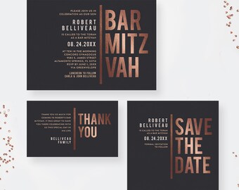 Modern Bar Mitzvah Invitation, Minimalist Mitzvah Religious Invites, Mitzvah Save the Dates, Mitzvah Thank You Cards, Unique Bold Typography