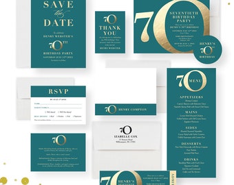 Teal and Gold 70th Birthday Party Invitation Card, Seventieth Birthday Invite Card, 70th Company Anniversary Party