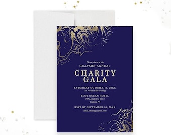 May include: A navy blue invitation card with gold marble-like swirls at the top and bottom corners. The text reads: Please join us at the GRAYSON ANNUAL CHARITY GALA, SATURDAY OCTOBER 15, 20XX, BLUE OCEAN HOTEL, 769 Longfellow Drive, Indiana, PA.