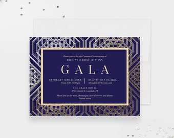 Company Annual Gala Editable Invitation Template, Corporate Business Party Digital Download, Elegant Gold and Blue Invites