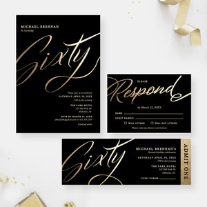 Modèle 60e anniversaire avec carte RSVP Invitation billet, invitation élégante à une fête d'anniversaire, 60 ans, téléchargement numérique 60e anniversaire