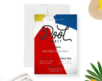 May include: Pool party invitation with a red, white, and blue beach ball design. The text reads "Pool Party" to celebrate Payton's birthday. The invitation includes the date, time, and RSVP information.