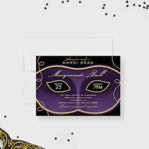 May include: Purple and gold Mardi Gras masquerade ball invitation with a gold mask design. The invitation includes the date, time, location, and RSVP information. Costume and mask are requested.