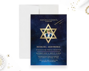 Starry Night Bar Mitzvah with Photo, Unique Bat Mitzvah, Gold Star of David Invite Cards, Jewish Celebration Invites with Shooting Stars