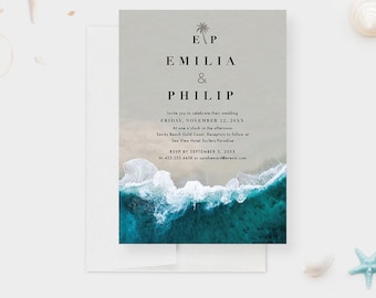 Beach Wedding Invitation Card, Destination Wedding Save the Date, Tropical Wedding RSVP with Ocean Waves, Coastal Wedding Thank You Card