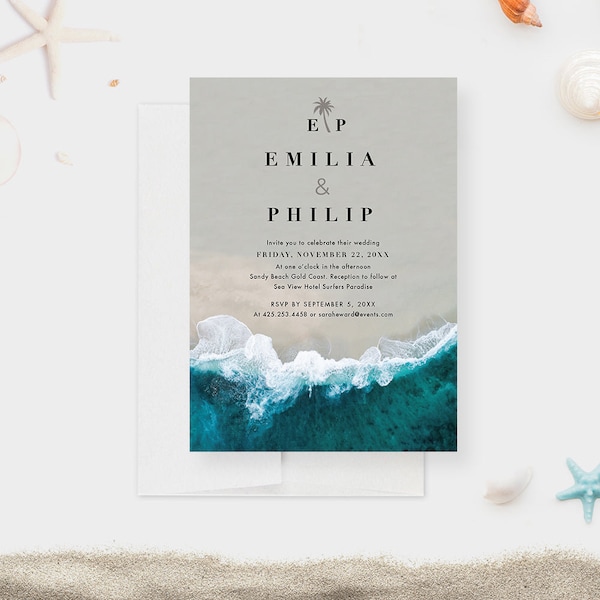 Beach Wedding Invitation Card, Destination Wedding Save the Date, Tropical Wedding RSVP with Ocean Waves, Coastal Wedding Thank You Card