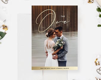 De ene romantische foto-save the date-kaarten, trouwkaart met bewerkbare fotosjabloon, moderne huwelijksuitnodigingen, huwelijksceremoniekaarten