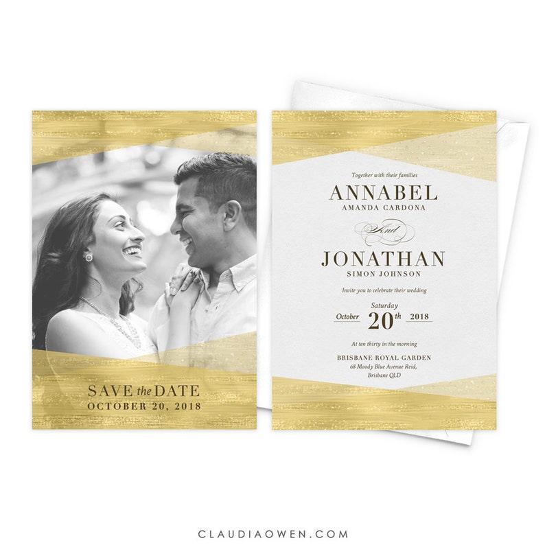 Wedding Invitation and Save the Date Card Romantic Wedding Invitation Minimalist Design Elegant Classic Gold Matching Set