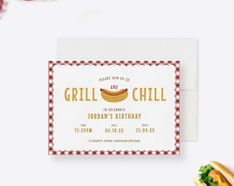 Grill and Chill Invitation Template, Mens Birthday Hotdog Party Digital Download, Summer Backyard BBQ Party Printable Invites