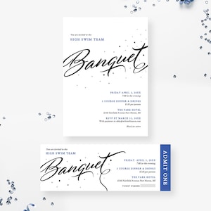 Bankett Einladung Bearbeitbare Vorlage mit passendem Ticket, Blau Professional Business Corporate Formelle Veranstaltung Digitaler Download