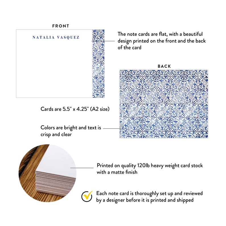 Personalized Stationery Set for Women, Italian Blue Tiles Modern Home Office Note Card, Mediterranean Design Elegant Adult Stationery image 2